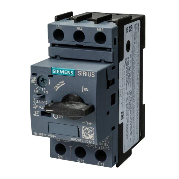 Disjoncteur de taille S00 pour la protection des moteurs, CLASS 10 Déclencheur de surcharge à temps dépendant 0,22...0,32 A Déclencheur de court-circuit 4,2 A Borne à vis pouvoir de coupure standard
