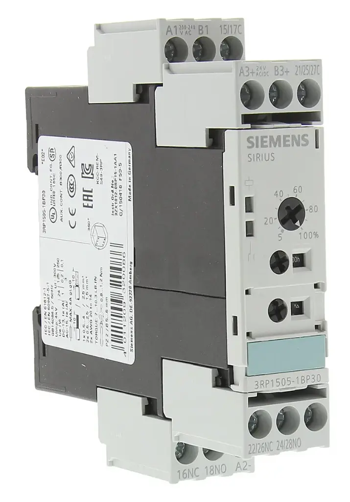 Produit en fin de vie !! Le successeur recommandé est 3RP-1BW30 Relais temporisé, multifonction 2 contacts inverseurs, 16 fonctions 15 plages de temps (0,05 s-100 h) 24V 200-240 V CA et 24 V CC pour 50/60 Hz CA avec LED, borne à vis