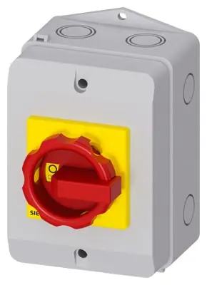 Interrupteur-sectionneur SENTRON 3LD de Siemens, conçu pour servir d'interrupteur d'arrêt d'urgence. C'est un appareil à 3 pôles avec un courant nominal de 25 A et une puissance de fonctionnement de 9,5 kW à 400 V. 