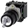 [3SU1100-4BL11-1NA0] Commutateur à clé RONIS, 22 mm, rond, plastique, N° de serrure SB30 avec 2 clés, 3 positions de commutation I-O-II, à accrochage, 10:30h/12h/13:30 h, Retrait de la clé I+O+II, avec support, 1S, 1S, borne à vis, serrures spéciales : SB31, 421, 455